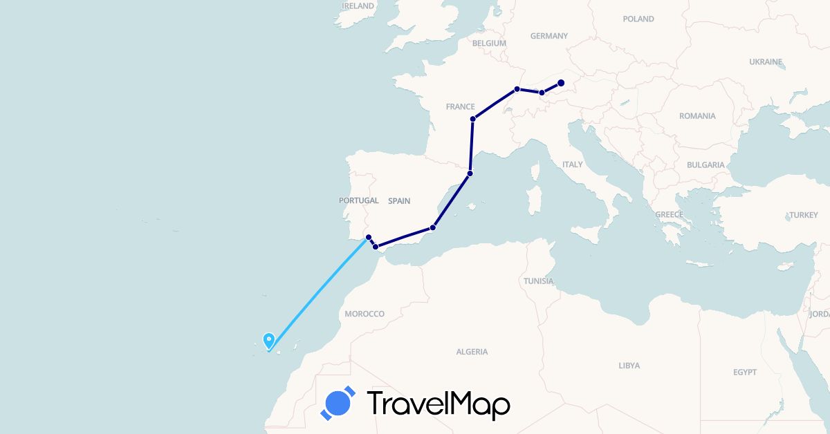 TravelMap itinerary: driving, boat in Austria, Germany, Spain, France (Europe)