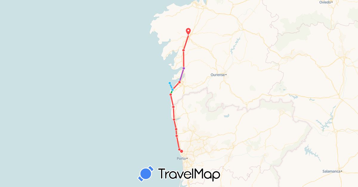 TravelMap itinerary: driving, bus, train, hiking, boat in Spain, Portugal (Europe)